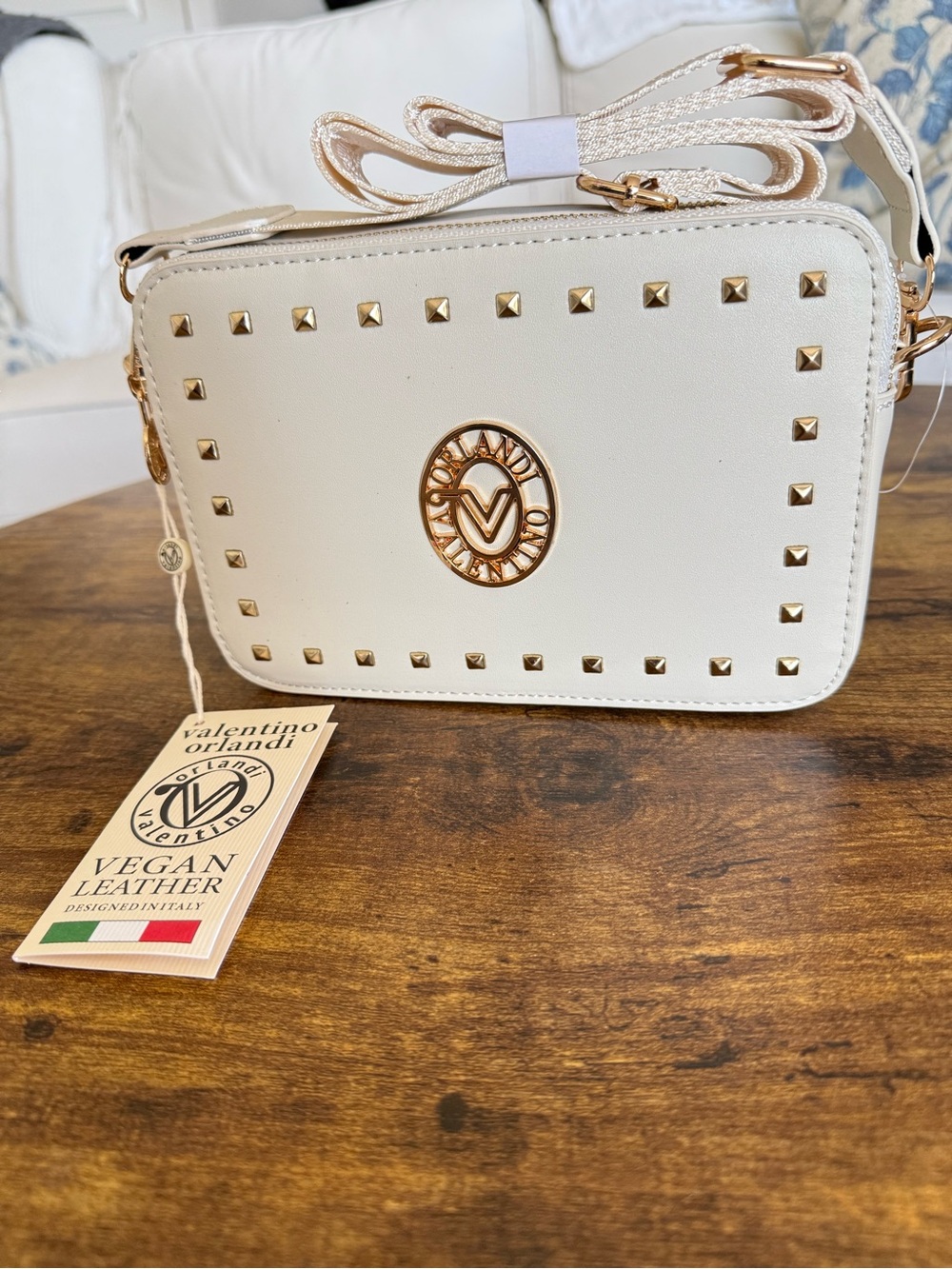 Valentino Orlandi Cream Vegan Leather Crossbody Bag with Gold Studs NWT